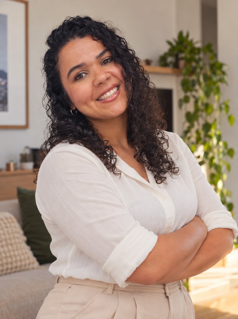 Joyce Oliveira, fisioterapeuta, sorrindo de braços cruzados